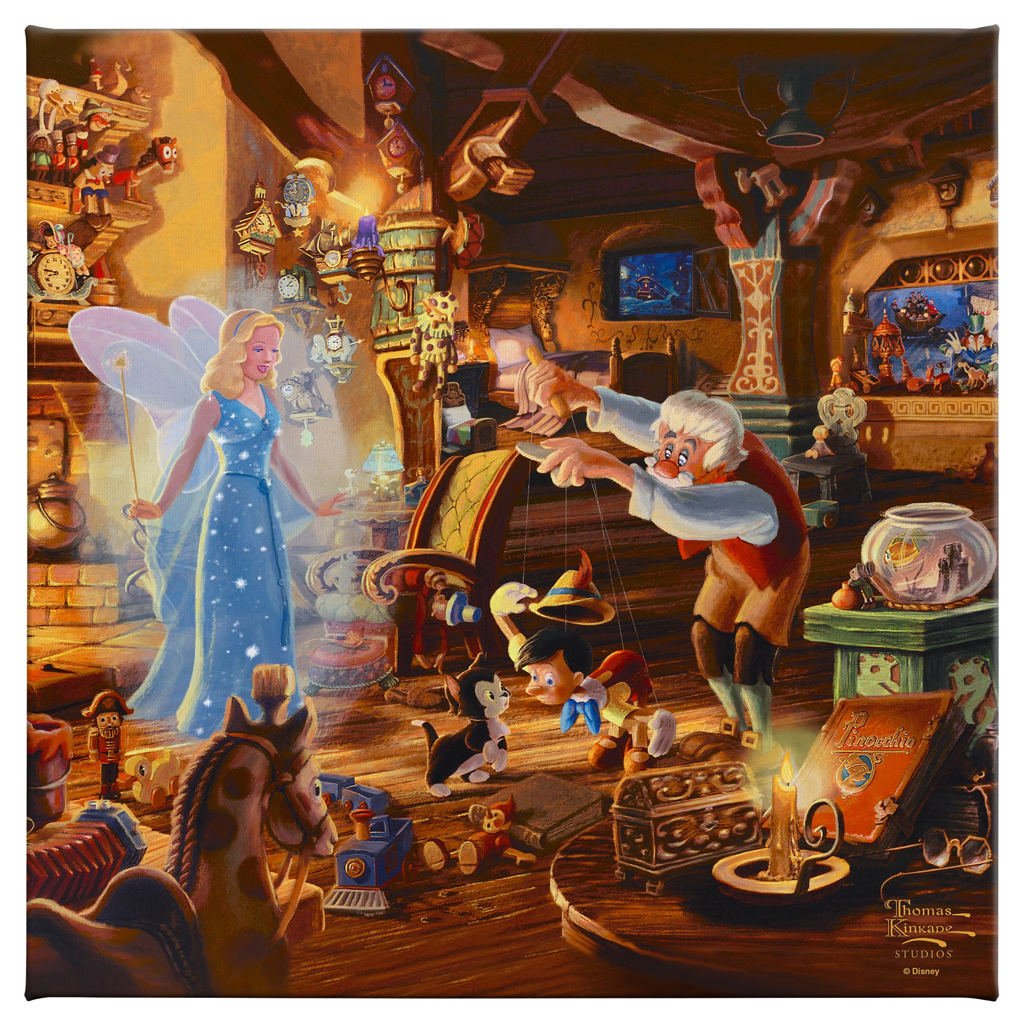 Disney Geppetto's Pinocchio 14" x 14" Gallery Wrapped Canvas – Thomas  Kinkade Studios